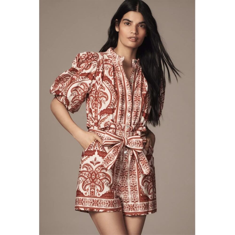 NEW NWT FARM RIO Tropical Cameo Romper Floral Boho Waist Tie Size S
